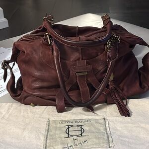 Olivia Harris, beautiful caramel Brown leather satchel purse.